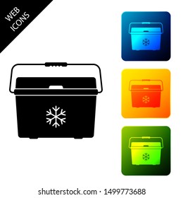Cooler bag icon isolated. Portable freezer bag. Handheld refrigerator. Set icons colorful square buttons. Vector Illustration