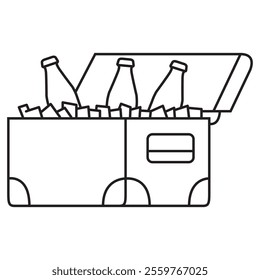 Cooler bag.Portable cooler with beer bottles.Cold drinks. Portable refrigerator.Picnic cooler stocked of chilled beverages bottles of soda.Isolated on white background.Outline icon cooler.