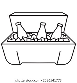 Bolso más fresco. Refrigerador portátil con las botellas. Bebidas frías. Refrigerador portátil. Refrigerador de picnic surtido de bebidas frías botellas de refresco. Aislado sobre fondo blanco. Refrigerador de icono de contorno.