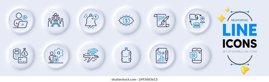 Kühlerflasche, Job und 5g Telefonleitung Icons für Web App. Pack des Berichtdokuments, Video-Konferenz, Flugzeug-Wifi-Piktogramm-Symbole. Inklusion, Geschäftsvision, Zahlzeichen. Erinnerung. Vektorgrafik