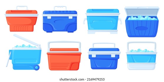 Cooler boxes. Summer ice bag camping beach picnic, portable fridge for cold food drinks cool beer, mobile refrigerator cube travel thermal delivery box, vector illustration of refrigerator ice bag