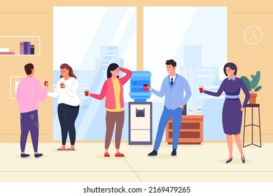 Cooler Conversation. Coworkers Gossip On Coffee Break Or Rest, Colleagues Talking At Water Dispenser, Two Employee With Drink Cup Chat In Office Workplace, Flat Vector Illustration Of Office Employee