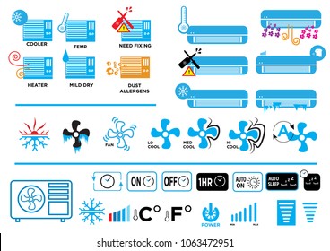 Cooler or Heater AC manual and digital icons for different industrial label use. Editable Clip Art. 