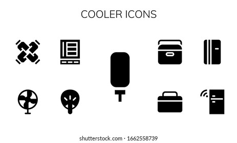 cooler icon set. 9 filled cooler icons.  Simple modern icons such as: Water dispenser, Fan, Refrigerator, United, Fridge, Portable fridge