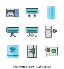 cooler icon set. vector set about air conditioner, freezer, video card and fridge icons set.