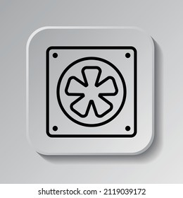 Icono más frío, pc simple. Diseño plano. Icono negro en botón cuadrado con sombra. Fondo gris.ai