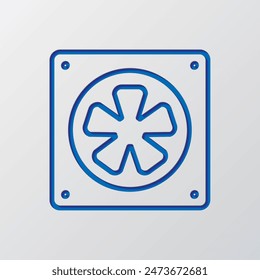 Cooler, pc simple icon. Flat design. Paper cut design. Cutted blue symbol with shadow. Gray background.ai