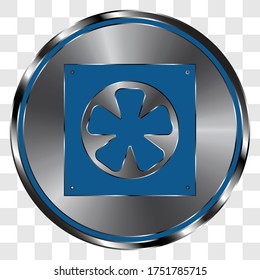 Cooler, pc simple icon on metal round button. Transparent grid