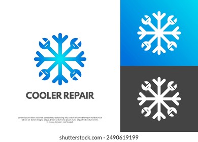 Plantilla del logotipo del Vector de reparación del refrigerador. Este diseño utiliza llave inglesa y símbolo de copo de nieve. Adecuado para negocios, reparación.