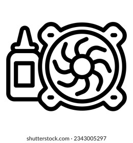 Cooler and tube for oil line icon, pcrepair concept, fan bearings lubrication vector sign on white background, fan, tube outline style mobile concept web design. Vector graphics.