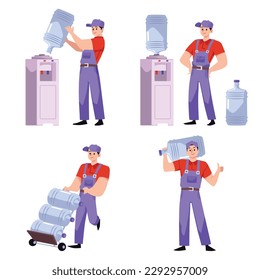 Cooler water delivery man in uniform, flat vector illustration isolated on white background. Set of courier delivers water gallon. Character carries bottle of water and installs it in cooler.