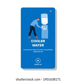 Cooler Water Filling Man In Plastic Cup Vector. Thirsty Worker Businessman Pouring Fresh Liquid From Cooler Office Equipment. Character Refreshment Aqua Beverage Web Flat Cartoon Illustration