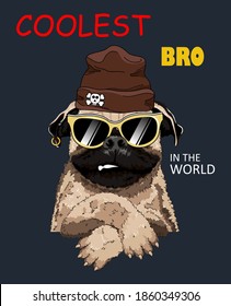 Coolest bro slogan with cartoon dog. French bulldog on dark background. Print design. Vector illustration EPS10