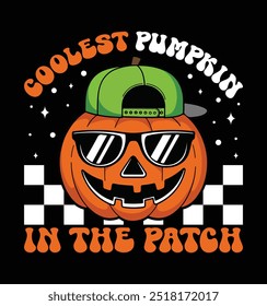 Coolest Pumpkin In The Patch. Happy Halloween shirt print template. Scary horror ghost pumpkin vector 