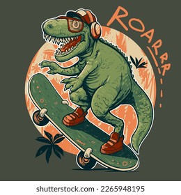 Coolest T-Rex dinosaur riding on the skateboard, funny dinosaur skateboarder dressed in sunglasses and cap. Dinosaurs cartoon character.
Dino teenager t shirt design. Skateboarding rider predator.