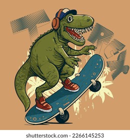 Coolest T-Rex dinosaur riding on the skateboard, funny dinosaur skateboarder. Dinosaurs cartoon character.
Dino teenager t shirt design. Skateboarding rider predator.