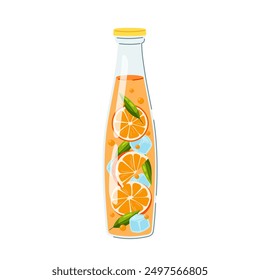 Cooling citrus lemonade in flat style. Orange water, fresh cold drink in a bottle. Summer fruity refreshment.