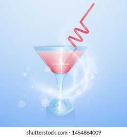 Cooling Cocktail in Glass With red Straw, Front View. 3d Photo Realistic Vector EPS 10 Illustration On blue Background