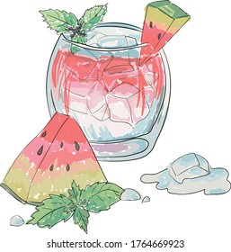 cooling cocktail with ice and watermelon