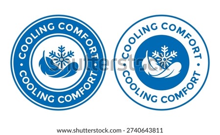 Cooling comfort fabric badge vector set. Circular label design combining a soft feather and snowflake symbol for breathable textiles or mattress products.