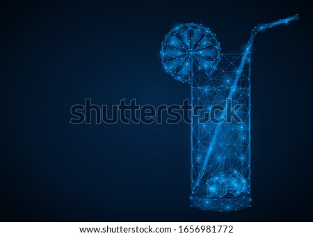 Cooling drink in a glass with lime and ice. Abstract polygonal 3d vector illustration. Triangular lines with dots form a cocktail.