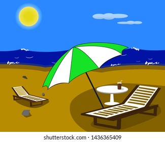 Cooling drink on the table in front of the sea and lounge chair