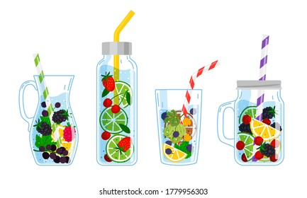 Cooling drinks with fruits. Cartoon glasses with cocktails, hand drawn cool beverages with fresh fruits, vector illustration of summer drinking lemonade isolated on white background