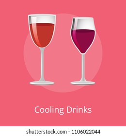 Cooling drinks glasses of elite red wine classical alcohol in elegant glassware vector illustration isolated, winery refreshing merlot burgundy beverages