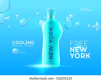 Cooling facial toner ads template, design bottle mockup for ads. Free New York. Transparent liquid flying on blue background. 3D vector illustration.