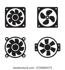 Conjunto de iconos de ventilador de refrigeración, hardware de computadora y símbolos de ventilación, siluetas de ventilador de Industrial en blanco y negro, iconos de interfaz de usuario, Diseño web, interfaz de App, ilustración técnica, estilo de Vector aislado