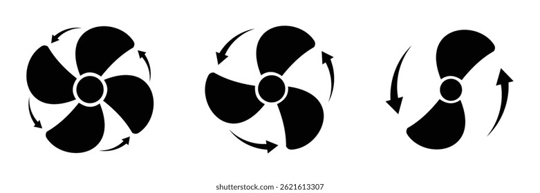 Cooling fan icon set. Modern cooler ventilator silhouette icons, vector symbol website design. Cooling system fan with rotation arrows symbol. Set of black colour vector illustration flat style. 