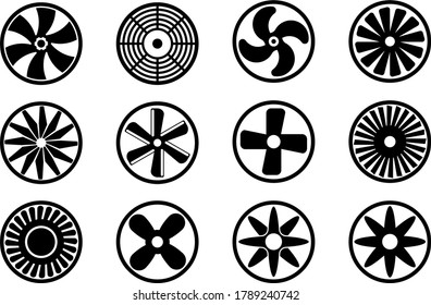 Cooling fan icons. Turbines and fan icons set