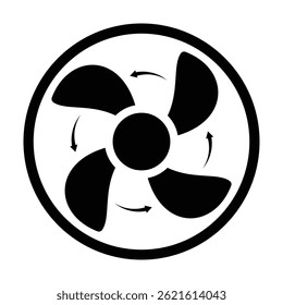 Vektor des Kühlungslüfters, Symbol. Kühler mit Drehpfeilen, flachem Stilsymbol einzeln auf weißem Hintergrund. Motorkühlgebläse, Vektorgrafik, Silhouette Symbol Website Grafikdesign. Vektorbild.