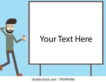 Cooling guy called Hipster with beard and glasses standing relaxing on the left  and there is text space on white board on the right.