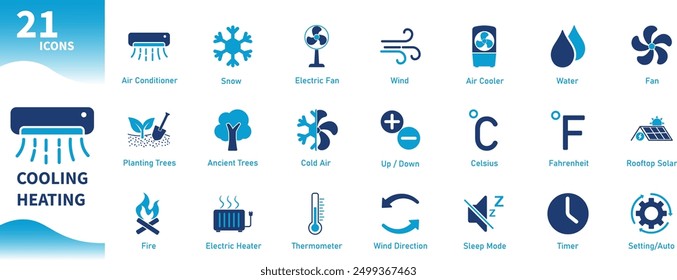 Cooling and heating icons. Set of solid icons themed air conditioner, fan, wind, electric heater, fire, thermometer