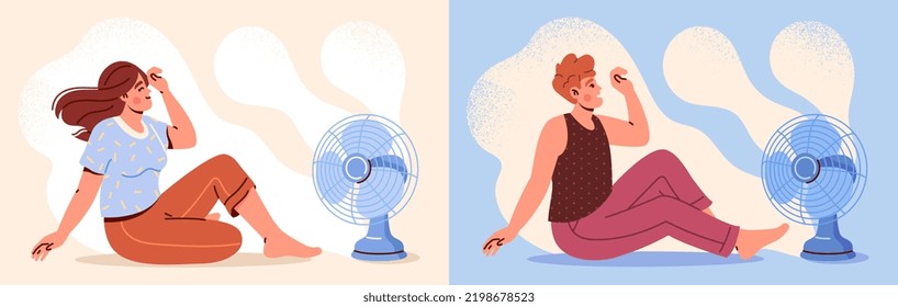 Cooling in hot weather concept. Set of happy man and woman sitting on floor in front of fan and enjoying cold wind waves. Characters chill in summer season. Cartoon flat vector illustration collection