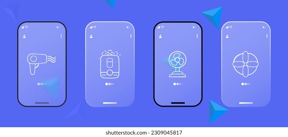 Cooling in hot weather icon set. Refreshing breeze, ice cubes, fans, sunglasses. Cold beverages concept. Glassmorphism. UI phone app screen. Vector line icon for Business
