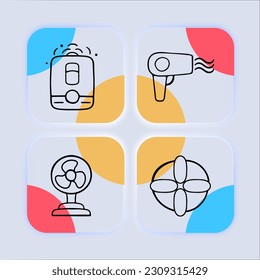 Cooling in hot weather icon set. Refreshing breeze, ice cubes, fans, sunglasses. Cold beverages concept. Neomorphism style. Vector line icon for Business