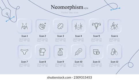 Cooling in hot weather icon set. Refreshing breeze, ice cubes, fans, sunglasses. Cold beverages concept. Neomorphism style. Vector line icon for Business
