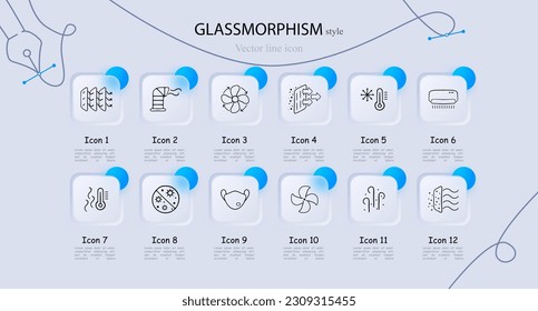 Cooling in hot weather icon set. Refreshing breeze, ice cubes, fans, sunglasses. Cold beverages concept. Neomorphism style. Vector line icon for Business