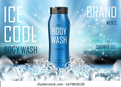 Cooling men body wash gel with ice cubes elements. Realistic body wash ad for cosmetic advertising poster design. 3d vector illustration