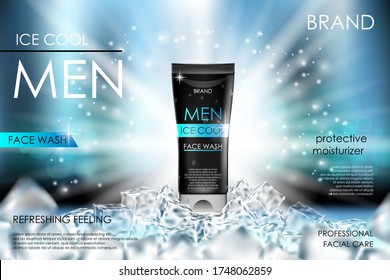 Cooling men face wash with ice cubes. Realistic cool refreshing bottle packaging ad for poster. Skin care product design. 3d vector illustration