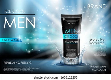 Cooling men face wash with water splashing. Realistic cool refreshing bottle packaging ad on black background. Skin care product design. 3d vector illustration