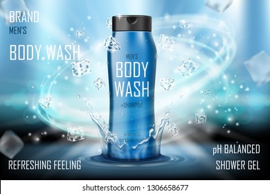 Cooling men s body wash gel with splashing water and ice cubes elements. Realistic body wash ad for poster. men s care product design. 3d vector illustration