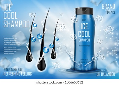 Cooling men s shampoo gel with splashing water and ice cubes . Realistic plastic hair shampoo packaging ad for poster. men s care product design. 3d vector illustration