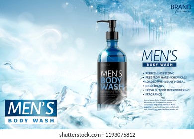 Cooling men's body wash in 3d illustration on frozen background