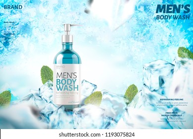Cooling men's body wash with mint leaves, 3d illustration on frozen background