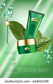 Cooling mint skin care series ads. Vector Illustration with mint leaves, smoothing cream tube and container. Vertical poster.