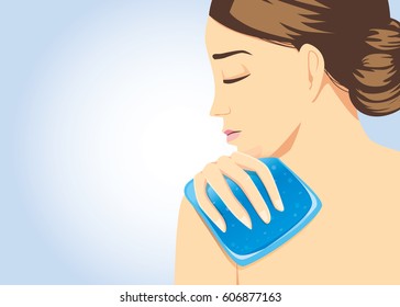 Cooling pack gel on shoulder of woman for relief of pain. Illustration about first aid equipment.