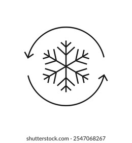 Proceso de enfriamiento. Copo de nieve en estilo de línea de icono de flecha circular aislado sobre fondo blanco. Ilustración vectorial